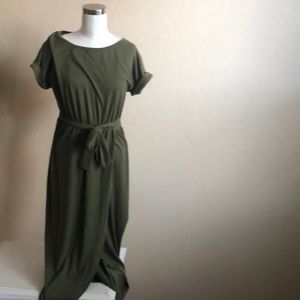 Olive green wrap cotton dress tie and cross front